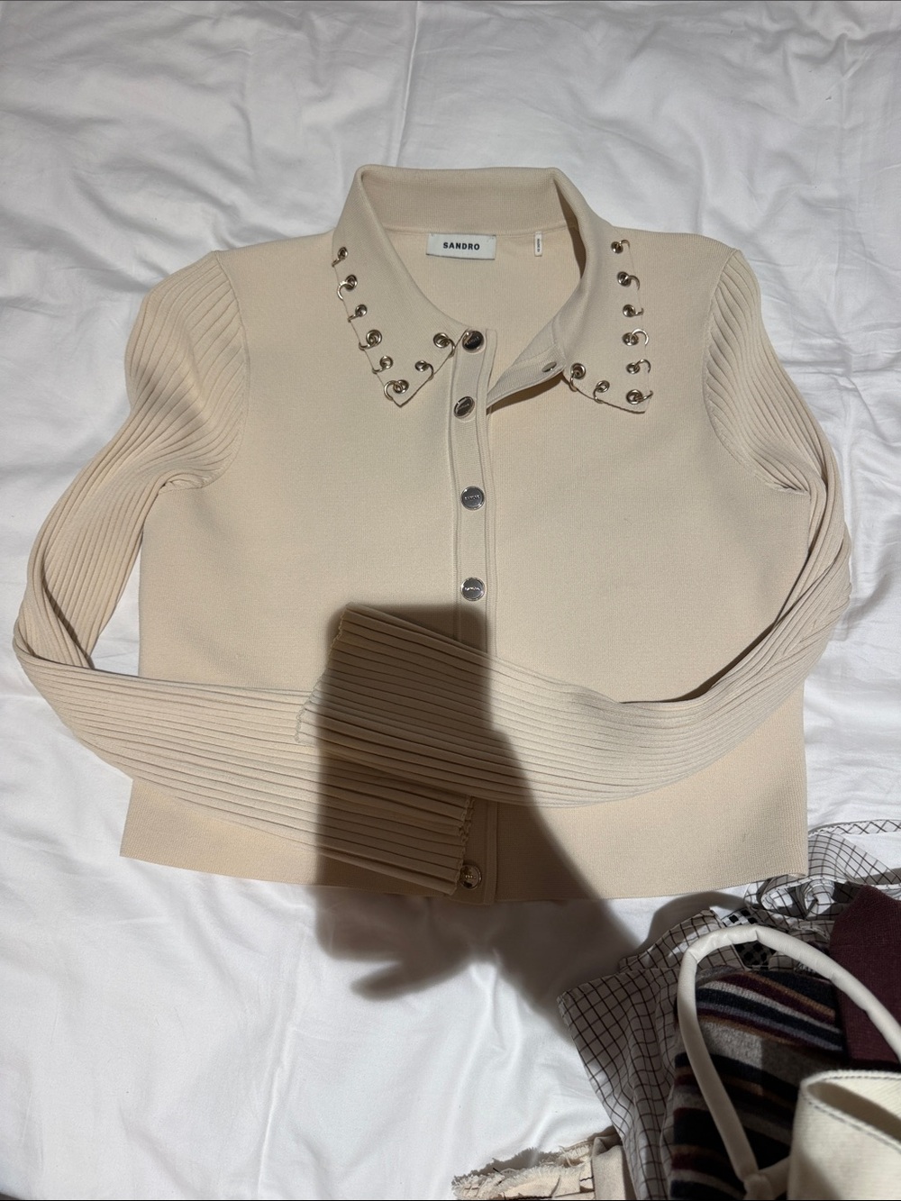 Sandro Cream Stud-Embellished Polo Cardigan